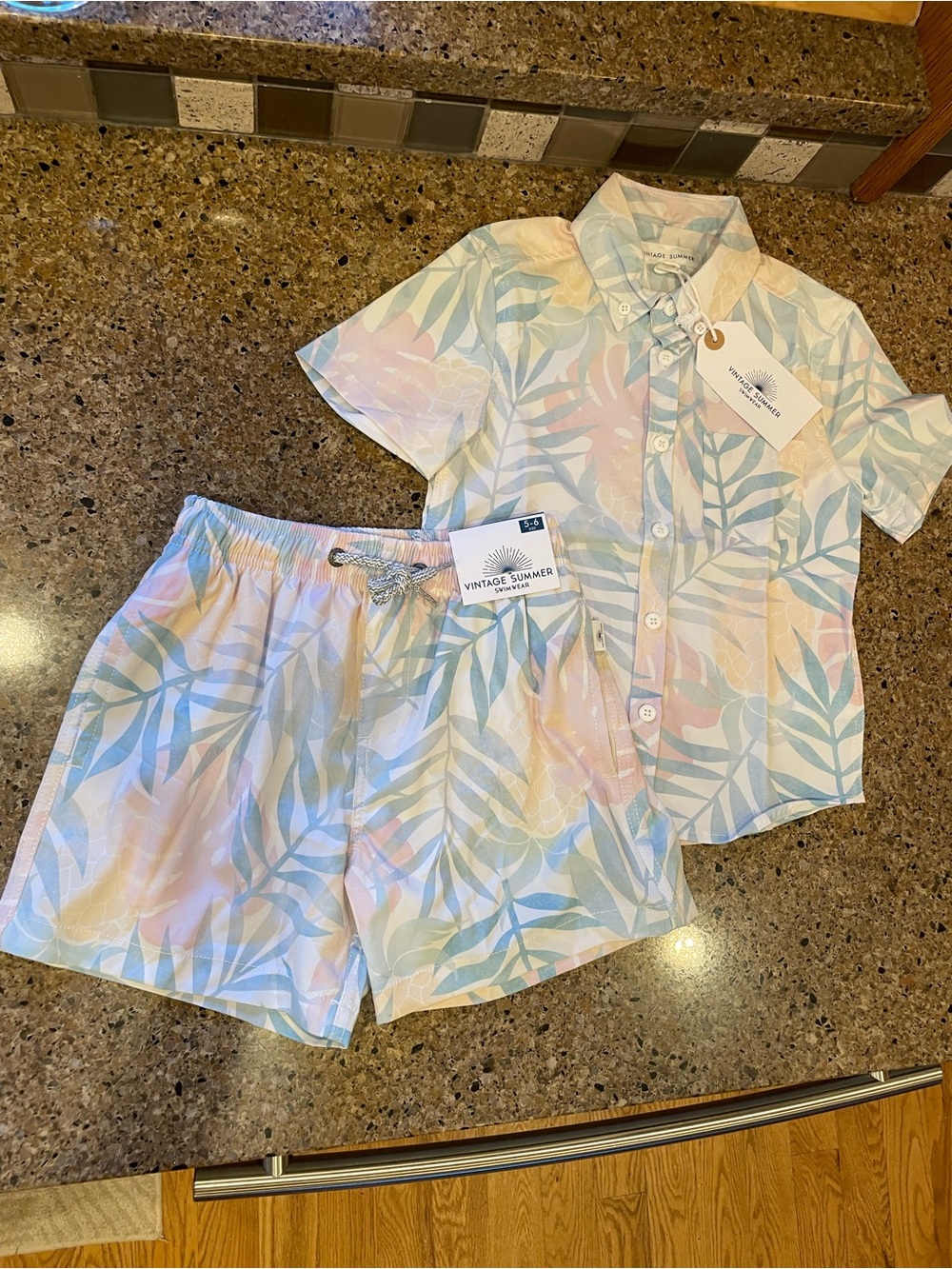 Vintage Summer Kids' Pastel Leaf Swim Trunks - White Multicolor